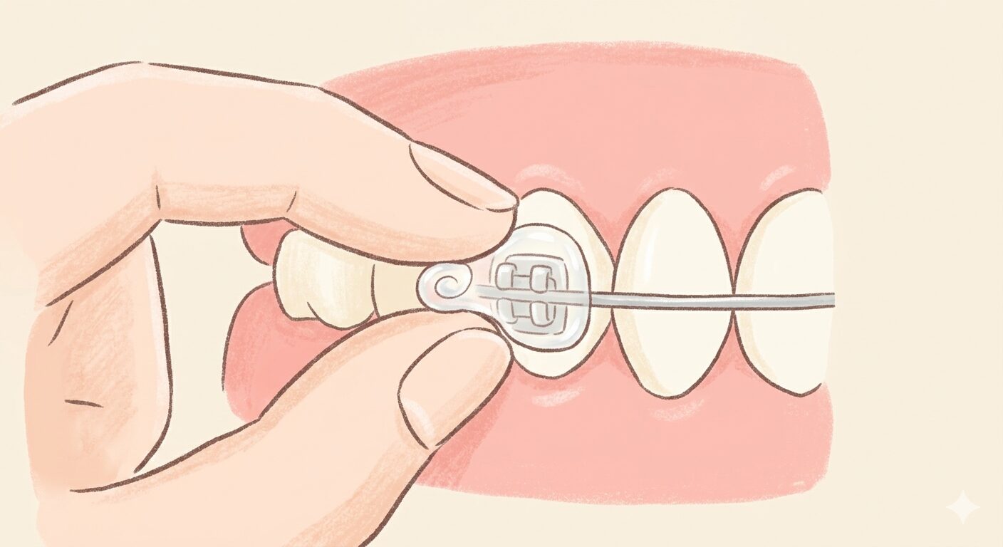 矯正装置にワックスをやさしく貼り付けるイラスト