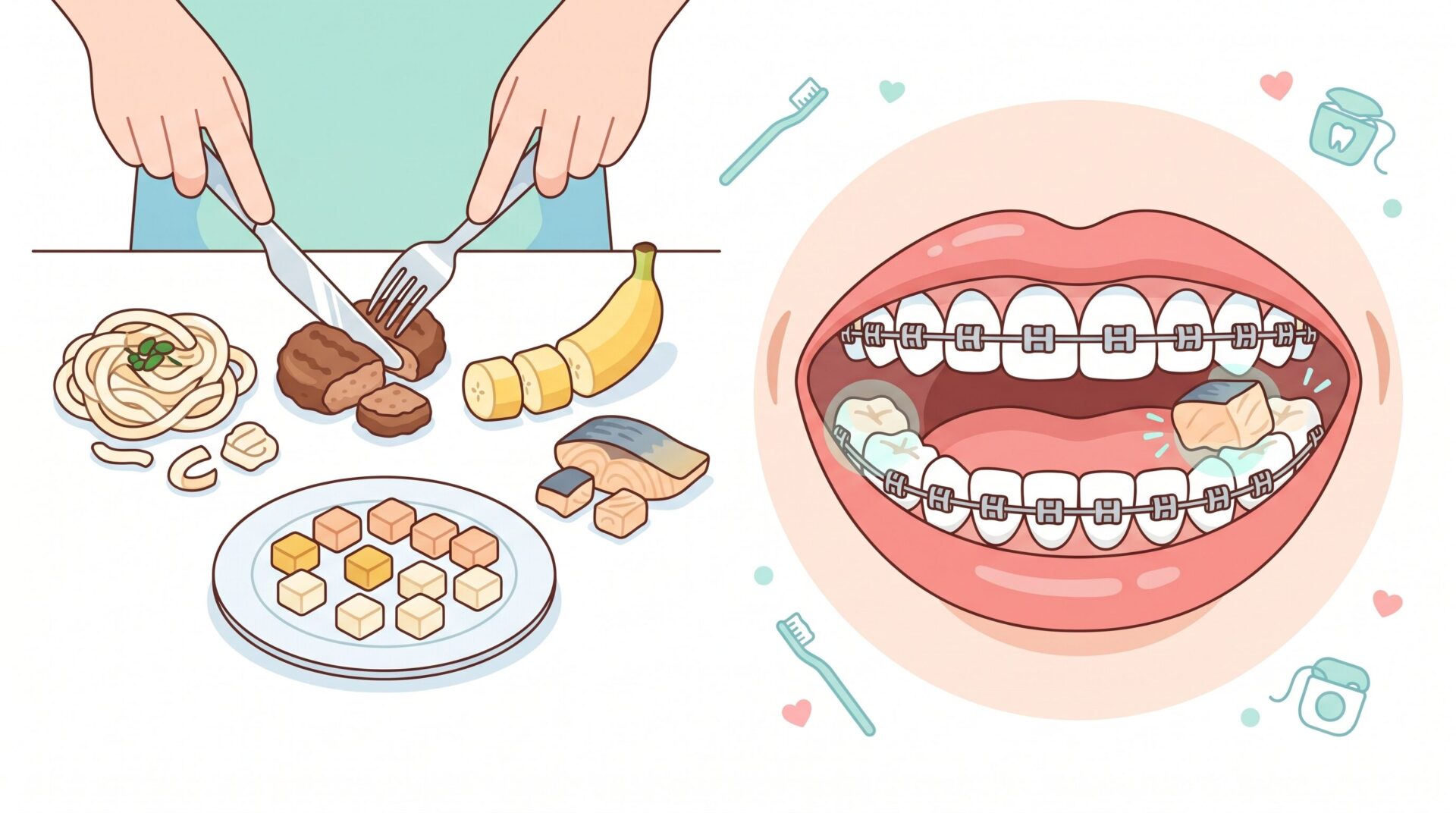 食べ方のコツ（小さく切る、奥歯でやさしく噛む）のイラスト
