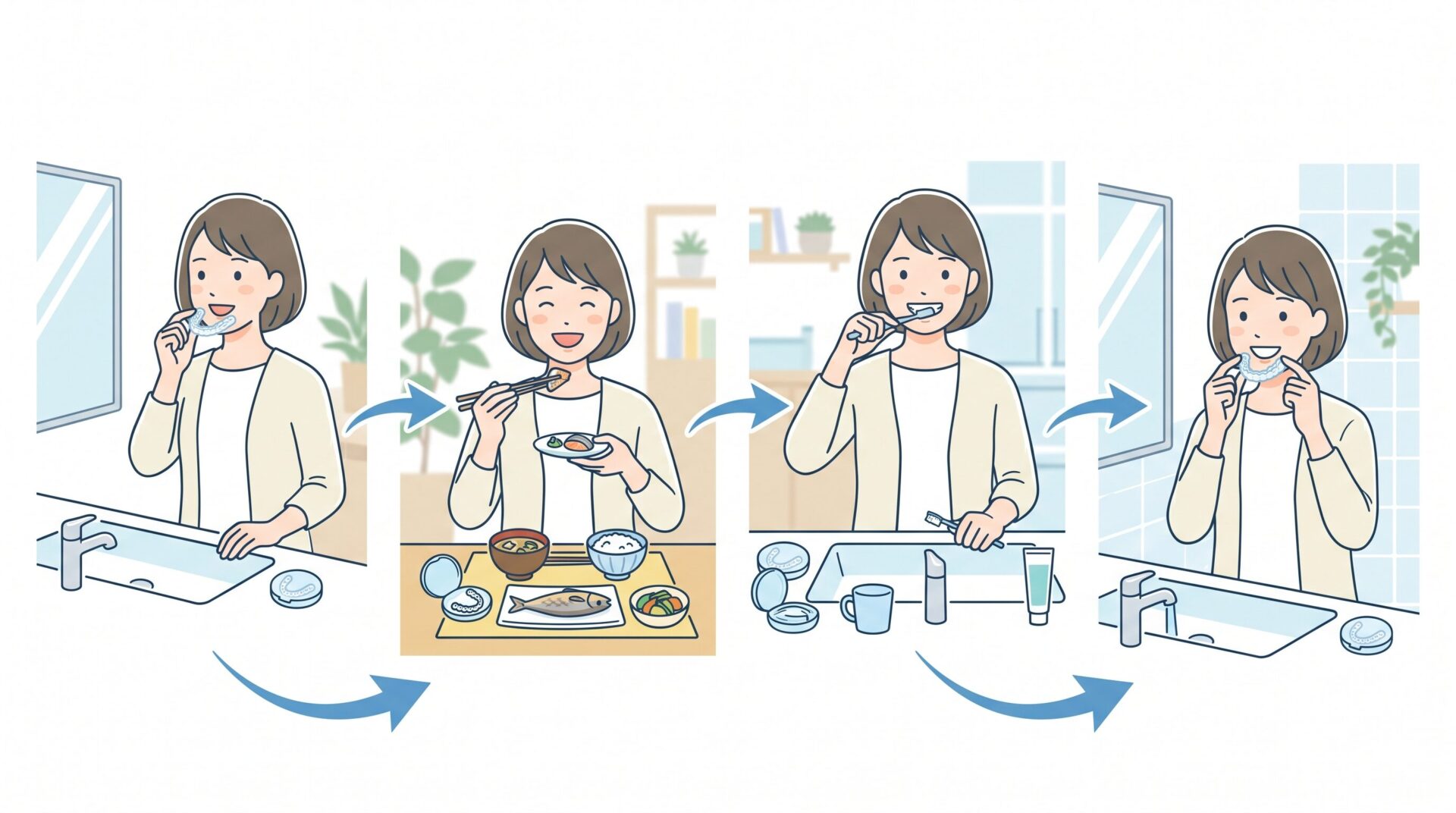 マウスピース矯正中の食事フロー（外す、食べる、磨く、装着、時間を守る）のイラスト