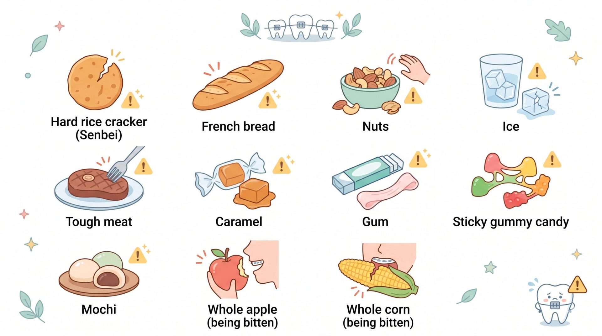矯正中に避けた方がよい食品（おせんべい、ガム、粘着性のものなど）のイラスト