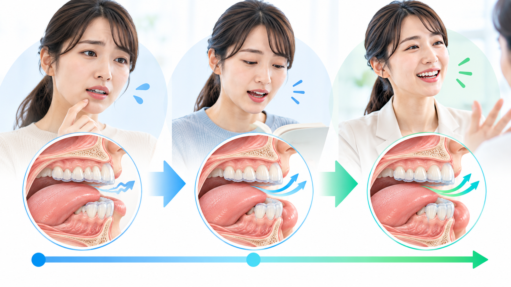 マウスピース矯正を始めてから発音に徐々に慣れていくイメージ